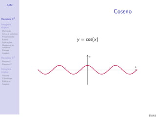 AM2

                               Coseno
              2
Revis˜es R
     o

Integrais
duplos
Deﬁni¸˜o
      ca
´
Areas e volumes
Propriedades
Fubini            y = cos(x)
Aplica¸˜es
       co
Mudan¸a de
        c
vari´veis
    a
Polares
Applets

Revis˜es R3
     o
Resumo 1
Resumo 2

Integrais
triplos
Volume
Cil´
   ındricas
Esf´ricas
    e
Applets




                                        15/61
 