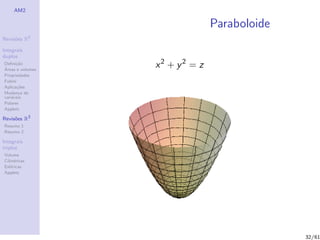AM2

                                Paraboloide
              2
Revis˜es R
     o

Integrais
duplos
Deﬁni¸˜o
´
      ca
Areas e volumes
                  x2 + y2 = z
Propriedades
Fubini
Aplica¸˜es
       co
Mudan¸a de
        c
vari´veis
    a
Polares
Applets

Revis˜es R3
     o
Resumo 1
Resumo 2

Integrais
triplos
Volume
Cil´
   ındricas
Esf´ricas
    e
Applets




                                              32/61
 
