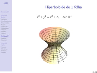 AM2

                         Hiperboloide de 1 folha
              2
Revis˜es R
     o

Integrais
duplos            x 2 + y 2 = z 2 + A,   A ∈ R+
Deﬁni¸˜o
      ca
´
Areas e volumes
Propriedades
Fubini
Aplica¸˜es
       co
Mudan¸a de
        c
vari´veis
    a
Polares
Applets

Revis˜es R3
     o
Resumo 1
Resumo 2

Integrais
triplos
Volume
Cil´
   ındricas
Esf´ricas
    e
Applets




                                                   35/61
 