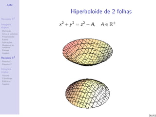 AM2

                        Hiperboloide de 2 folhas
              2
Revis˜es R
     o

Integrais         x 2 + y 2 = z 2 − A,   A ∈ R+
duplos
Deﬁni¸˜o
      ca
´
Areas e volumes
Propriedades
Fubini
Aplica¸˜es
       co
Mudan¸a de
        c
vari´veis
    a
Polares
Applets

Revis˜es R3
     o
Resumo 1
Resumo 2

Integrais
triplos
Volume
Cil´
   ındricas
Esf´ricas
    e
Applets




                                                   36/61
 