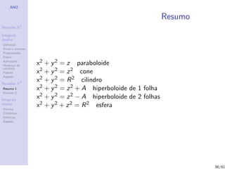 AM2

                                                                Resumo
              2
Revis˜es R
     o

Integrais
duplos
Deﬁni¸˜o
      ca
´
Areas e volumes
Propriedades
Fubini
Aplica¸˜es
       co
Mudan¸a de
        c         x2 + y 2 = z paraboloide
vari´veis
    a
Polares           x2 + y 2 = z 2 cone
Applets

Revis˜es R3
     o
                  x2 + y 2 = R 2 cilindro
Resumo 1          x2 + y 2 = z 2 + A hiperboloide de 1 folha
Resumo 2

Integrais
                  x2 + y 2 = z 2 − A hiperboloide de 2 folhas
triplos
Volume
                  x2 + y 2 + z 2 = R 2 esfera
Cil´
   ındricas
Esf´ricas
    e
Applets




                                                                         38/61
 