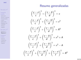 AM2

                                     Resumo generalizadas
              2
Revis˜es R
     o
                                      2                      2
Integrais                y −a                   z −b
duplos                                    +                      =x
Deﬁni¸˜o
      ca                   c                      d
´
Areas e volumes
Propriedades                         2                      2
Fubini                   y −a                  z −b
Aplica¸˜es
       co                                 +                      = x2
Mudan¸a de
        c
vari´veis
    a
                           c                     d
Polares
                                     2                      2
Applets
                         y −a                  z −b
Revis˜es R3
     o                                   +                       = R2
Resumo 1                   c                     d
Resumo 2
                                 2                      2
Integrais
                     y −a                     z −b
triplos
                                     +                      = x2 + A
Volume
Cil´
   ındricas
                       c                        d
Esf´ricas
    e
                                 2                      2
Applets
                     y −a                     z −b
                                     +                      = x2 − A
                       c                        d
                         2                      2                       2
                  y −a               z −b                   x −e
                             +                      +                       = R2
                    c                  d                      f
                                                                                   42/61
 