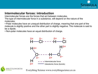 2




Intermolecular forces: introduction
Intermolecular forces are the forces that act between molecules.
The type of int...