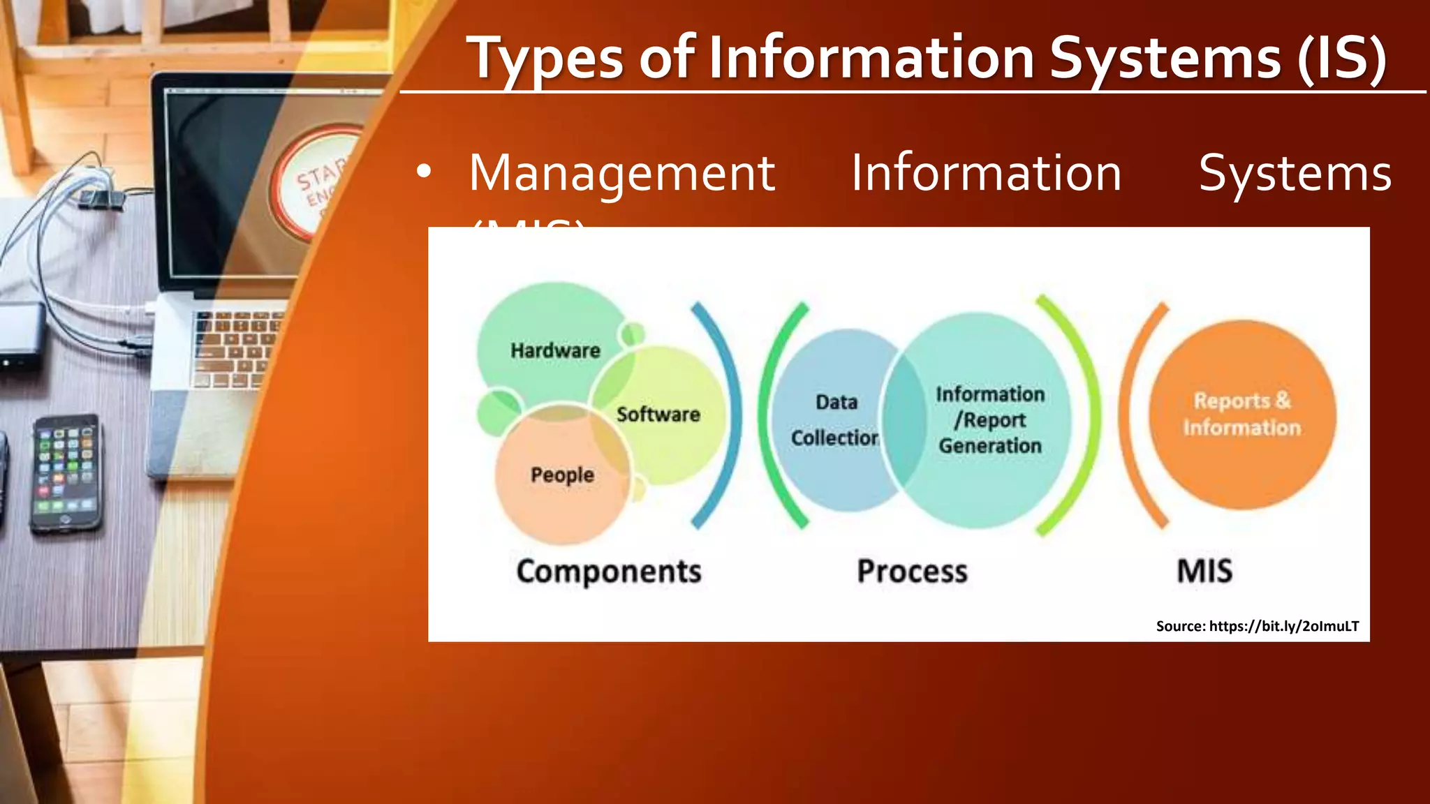 Types of Information Systems (IS)
• Management Information Systems
(MIS)
Source: https://bit.ly/2oImuLT
 