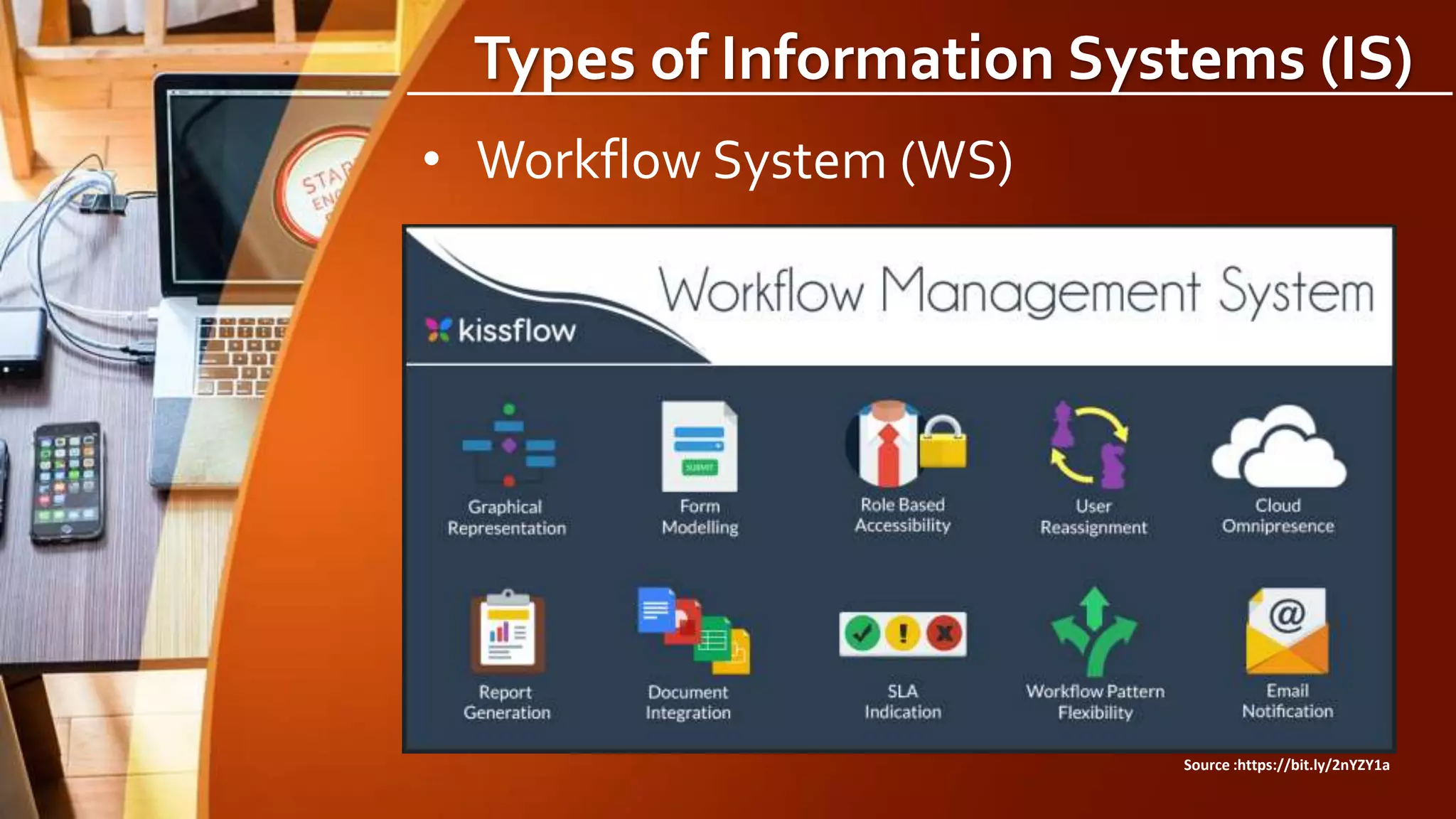 Types of Information Systems (IS)
• Workflow System (WS)
Source :https://bit.ly/2nYZY1a
 