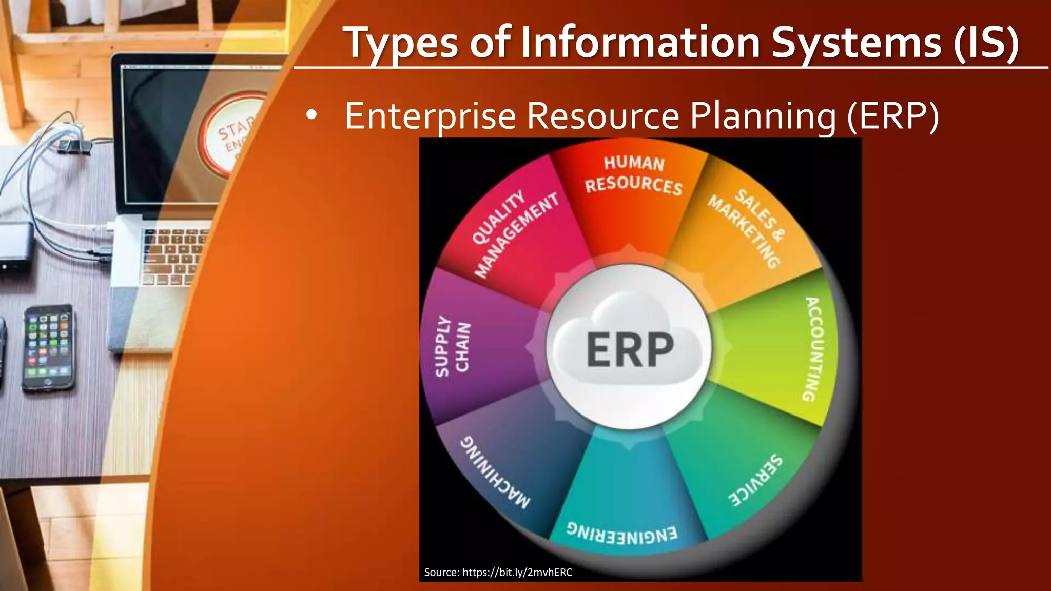 Types of Information Systems (IS)
• Enterprise Resource Planning (ERP)
Source: https://bit.ly/2mvhERC
 