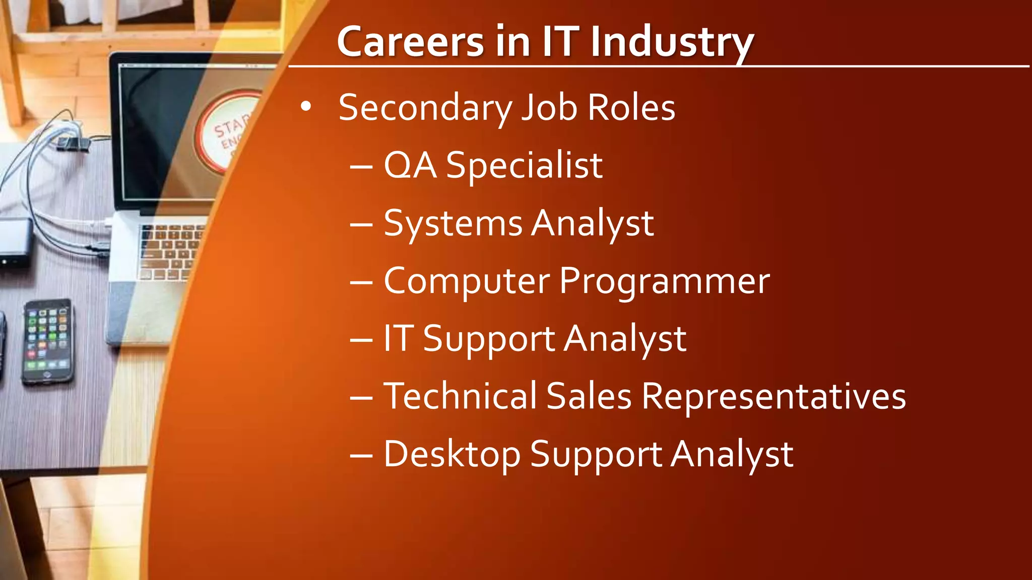 Careers in IT Industry
• Secondary Job Roles
– QA Specialist
– Systems Analyst
– Computer Programmer
– IT Support Analyst
– Technical Sales Representatives
– Desktop Support Analyst
 