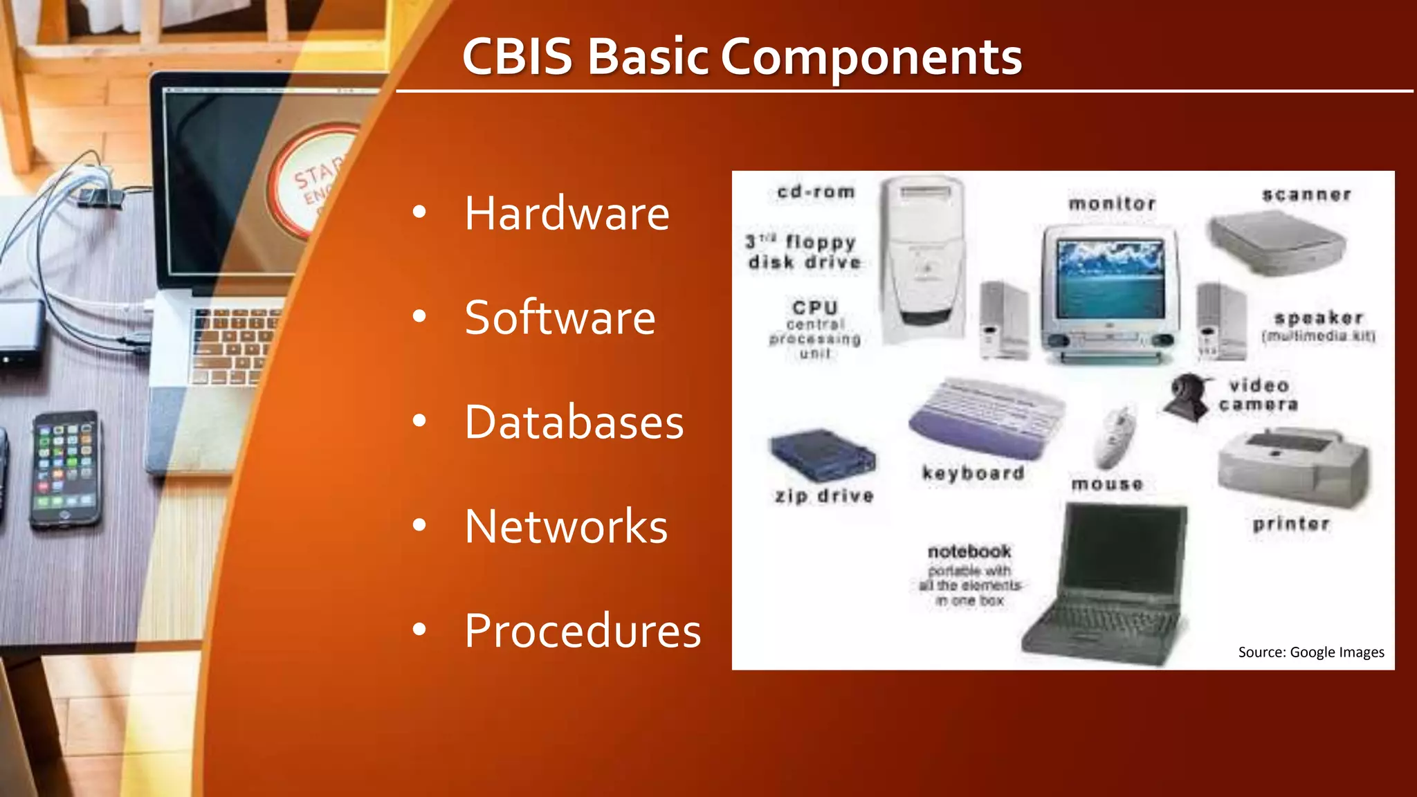 CBIS Basic Components
• Hardware
• Software
• Databases
• Networks
• Procedures Source: Google Images
 