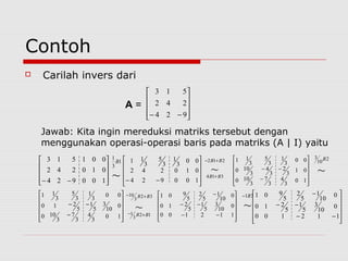 Contoh
 Carilah invers dari
A =










−− 924
242
513
Jawab: Kita ingin mereduksi matriks tersebut dengan
menggunakan operasi-operasi baris pada matriks (A | I) yaitu










−− 100924
010242
001513
~
1
3
1
B










−− 100924
010242
00
3
1
3
5
3
11
~
212
314
BB
BB
+−
+












−
−−
10
3
4
3
7
3
100
01
3
2
3
4
3
100
00
3
1
3
5
3
11
~
2
10
3 B












−
−−
10
3
4
3
7
3
100
0
10
3
5
1
5
210
00
3
1
3
5
3
11
~
32
3
10
12
3
1
BB
BB
+−
+−












−−
−−
−
112100
0
10
3
5
1
5
210
0
10
1
5
2
5
901
~
31B−












−−
−−
−
112100
0
10
3
5
1
5
210
0
10
1
5
2
5
901
 