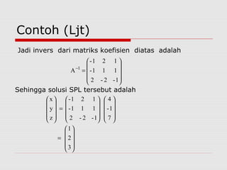 Contoh (Ljt)
Jadi invers dari matriks koefisien diatas adalah
1-2-2
111-
121-
A 1










=−










=




















=










3
2
1
7
1-
4
1-2-2
111-
121-
z
y
x
Sehingga solusi SPL tersebut adalah
 