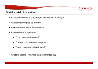   companhamento da precificação das vendas de serviços
 A

 Análise das compras de insumos

 Apresentação mensal de resultados

 Análise direta da operação

     “O processo está correto?”

     “É a melhor forma de se trabalhar?”

     “Como posso ser mais eficiente?”


 Auditoria interna – “normas e procedimentos JBS”


                                                          JBS 2008
 