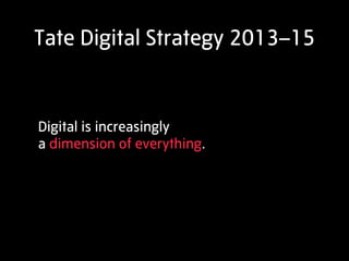 Tate Digital Strategy 2013–15
 Distributed content authorship
 New digital initiatives
 Editorial content
 Dialogue and di...