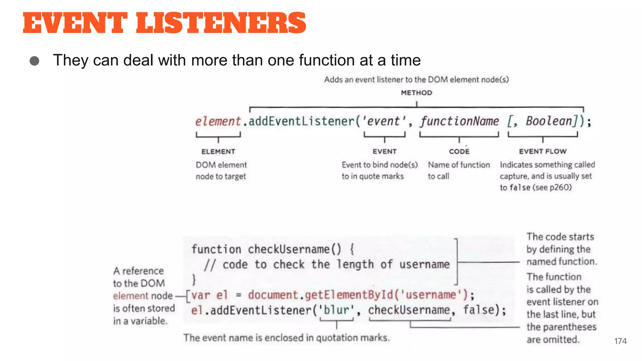 EVENT LISTENERS
● They can deal with more than one function at a time
174
 