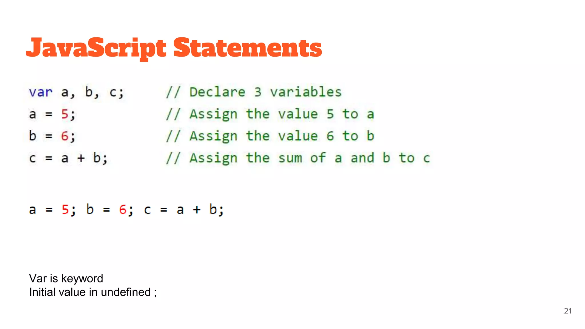 JavaScript Statements
Var is keyword
Initial value in undefined ;
21
Var is keyword
Initial value in undefined ;
 