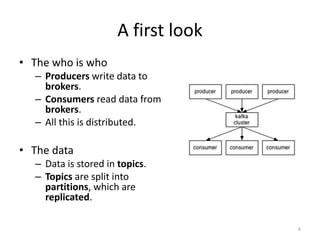 A first look
• The who is who
– Producers write data to
brokers.
– Consumers read data from
brokers.
– All this is distributed.
• The data
– Data is stored in topics.
– Topics are split into
partitions, which are
replicated.
6
 
