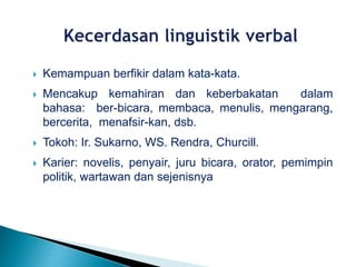  Kemampuan berfikir dalam kata-kata.
 Mencakup kemahiran dan keberbakatan dalam
bahasa: ber-bicara, membaca, menulis, mengarang,
bercerita, menafsir-kan, dsb.
 Tokoh: Ir. Sukarno, WS. Rendra, Churcill.
 Karier: novelis, penyair, juru bicara, orator, pemimpin
politik, wartawan dan sejenisnya.
 