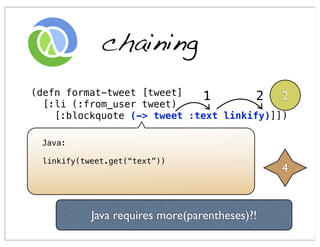 chaining
(defn format-tweet [tweet]   1         2 2
  [:li (:from_user tweet)
    [:blockquote (-> tweet :text linkify)]])

 Java:

 linkify(tweet.get(“text”))
                                               4


           Java requires more(parentheses)?!
 