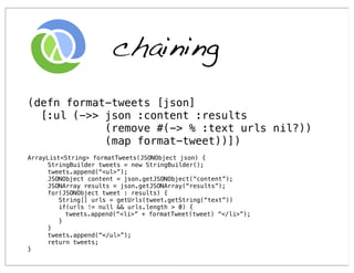 chaining
(defn format-tweets [json]
  [:ul (->> json :content :results
            (remove #(-> % :text urls nil?))
            (map format-tweet))])
ArrayList<String> formatTweets(JSONObject json) {
      StringBuilder tweets = new StringBuilder();
      tweets.append(“<ul>”);
      JSONObject content = json.getJSONObject(“content”);
      JSONArray results = json.getJSONArray(“results”);
      for(JSONObject tweet : results) {
         String[] urls = getUrls(tweet.getString(“text”))
         if(urls != null && urls.length > 0) {
           tweets.append(“<li>” + formatTweet(tweet) “</li>”);
         }
      }
      tweets.append(“</ul>”);
      return tweets;
}
 