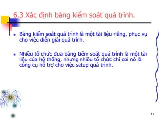 17
6.3 Xác định bảng kiểm soát quá trình.
 Bảng kiểm soát quá trình là một tài liệu riêng, phục vụ
cho việc diễn giải quá trình.
 Nhiều tổ chức đưa bảng kiểm soát quá trình là một tài
liệu của hệ thống, nhưng nhiều tổ chức chỉ coi nó là
công cụ hỗ trợ cho việc setup quá trình.
 