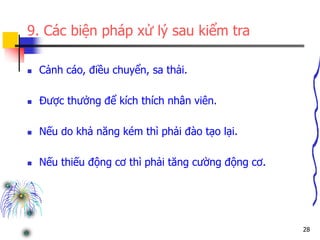 28
9. Các biện pháp xử lý sau kiểm tra
 Cảnh cáo, điều chuyển, sa thải.
 Được thưởng để kích thích nhân viên.
 Nếu do khả năng kém thì phải đào tạo lại.
 Nếu thiếu động cơ thì phải tăng cường động cơ.
 