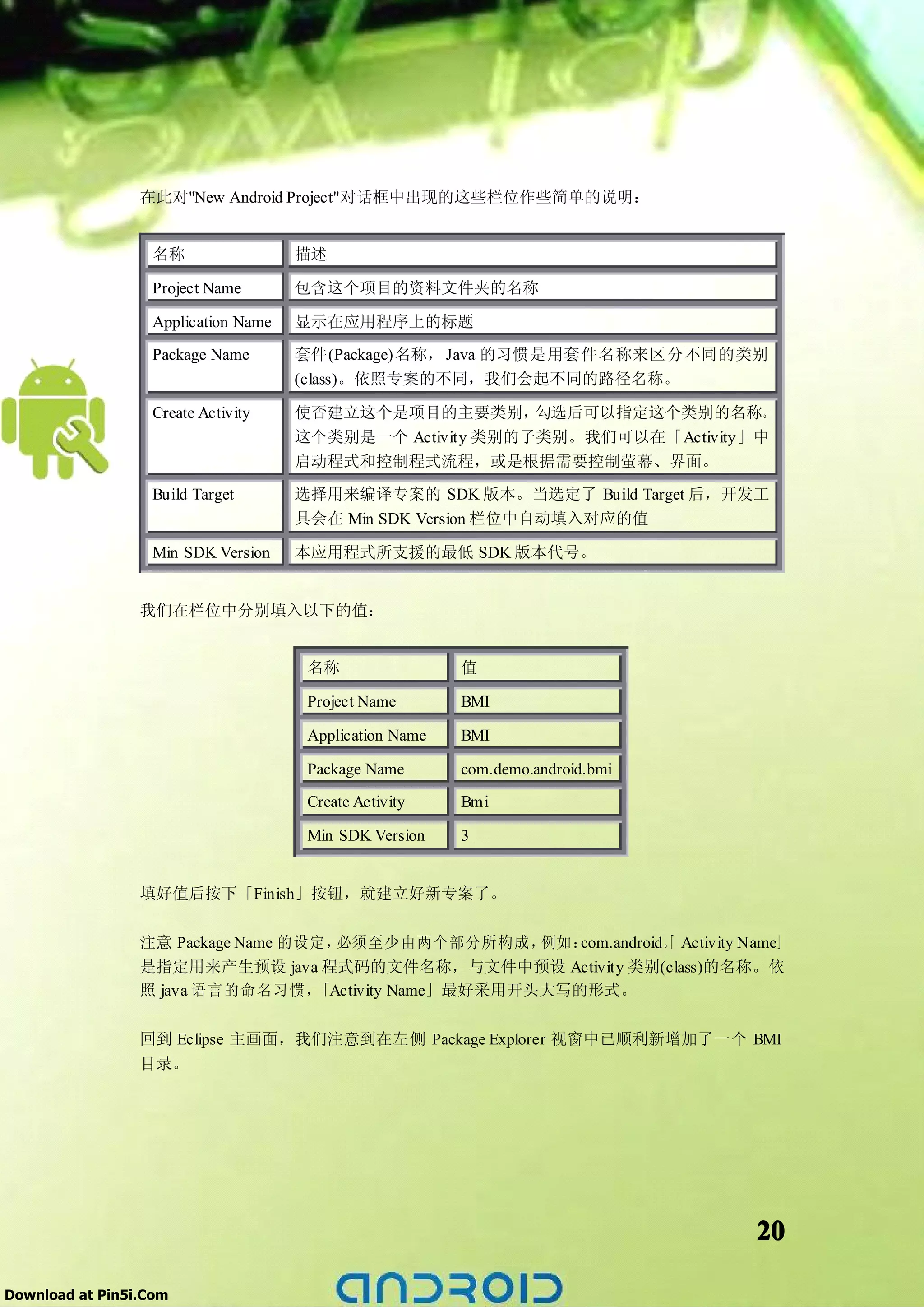 在此对"New Android Project"对话框中出现的这些栏位作些简单的说明：


                  名称                 描述

                  Project Name       包含这个项目的资料文件夹的名称

                  Application Name   显示在应用程序上的标题

                  Package Name       套件(Package)名称， Java 的习惯是用套件名称来区分不同的类别
                                     (class)。依照专案的不同，我们会起不同的路径名称。

                  Create Activity    使否建立这个是项目的主要类别，      勾选后可以指定这个类别的名称。
                                     这个类别是一个 Activity 类别的子类别。我们可以在「Activity」中
                                     启动程式和控制程式流程，或是根据需要控制萤幕、界面。
                  Build Target       选择用来编译专案的 SDK 版本。当选定了 Build Target 后，开发工
                                     具会在 Min SDK Version 栏位中自动填入对应的值

                  Min SDK Version    本应用程式所支援的最低 SDK 版本代号。


                 我们在栏位中分别填入以下的值：


                                      名称                 值

                                      Project Name       BMI

                                      Application Name   BMI

                                      Package Name       com.demo.android.bmi

                                      Create Activity    Bmi

                                      Min SDK Version    3


                 填好值后按下「Finish」按钮，就建立好新专案了。

                 注意 Package Name 的设定，必须至少由两个部分所构成，例如：           「
                                                     com.android。 Activity Name」
                 是指定用来产生预设 java 程式码的文件名称，与文件中预设 Activity 类别(class)的名称。依
                 照 java 语言的命名习惯，「Activity Name」最好采用开头大写的形式。

                 回到 Eclipse 主画面，我们注意到在左侧 Package Explorer 视窗中已顺利新增加了一个 BMI
                 目录。




                                                                                20

Download at Pin5i.Com
 