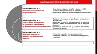 OBJ. ESTRATEGICO N° 1:
Desarrollar el conocimiento del
riesgo de Desastres
OBJ. ESTRATEGICO N° 2:
Evitar y reducir las condiciones
de riesgo de los medios de vida
de la población con un enfoque territorial
OBJ. ESTRATEGICO N° 3:
Desarrollar capacidad de
respuesta ante emergencias y
desastres
• Desarrollar investigación científica y técnica en GRD
• Fortalecer el análisis del riesgo de desastres.
• Desarrollar la gestión de información estandarizada en GRD.
• Fortalecer el proceso de planificación territorial con
enfoque GRD.
• Desarrollar condiciones de seguridad de los servicios
básicos y medios de vida esenciales ante el riesgo de
desastres.
• Gestionar el adecuado uso y ocupación del territorio
incorporando la GRD.
• Desarrollar capacidad de respuesta inmediata
• Desarrollar capacidad para la atención de emergencias y
desastres.
OBJETIVOS ESTRATEGICOS/ESPECÍFICOS
 