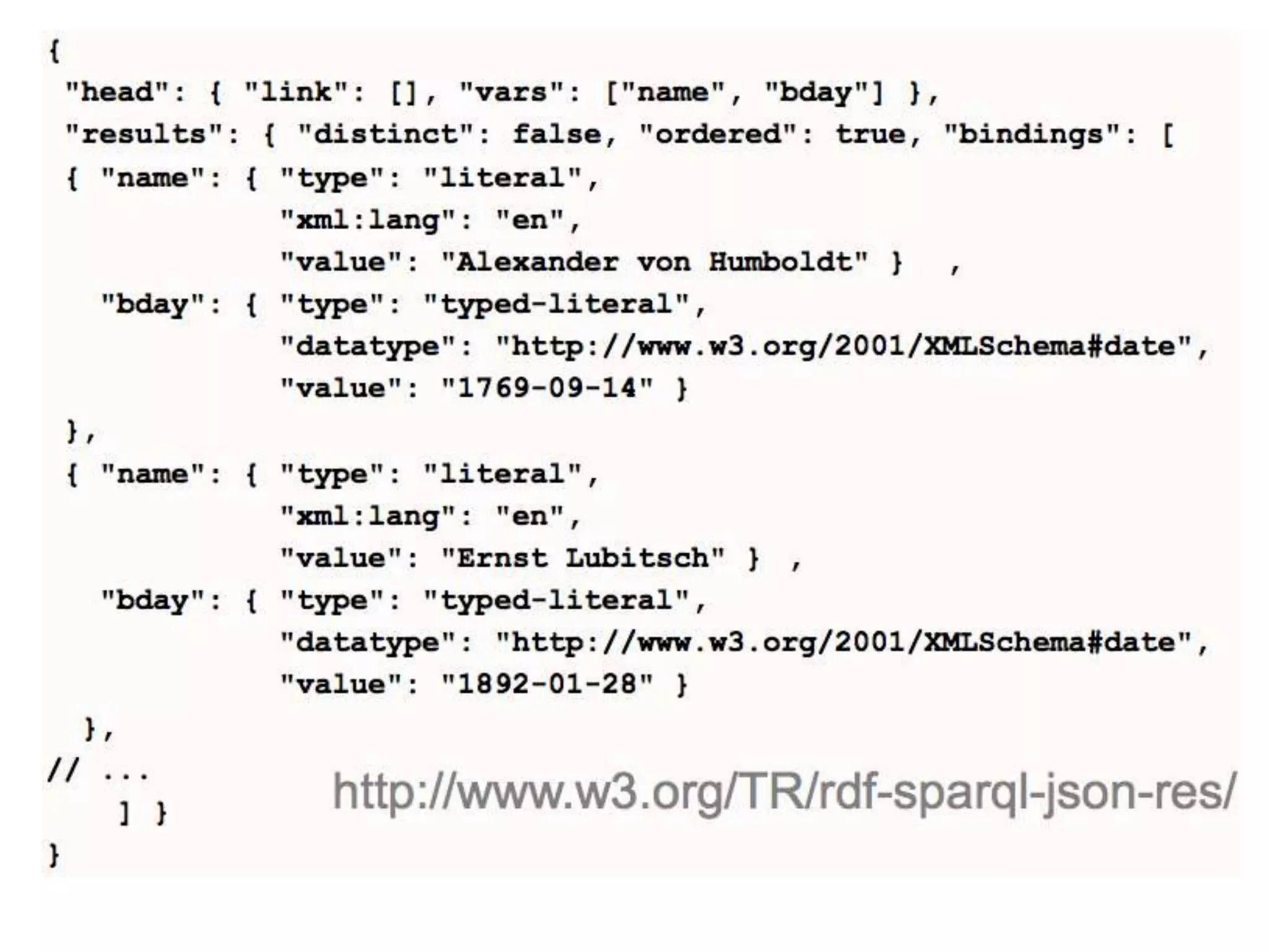 Query Results FormatsSPARQL endpoints usually support different result formats:XML, JSON, plain text (for ASK and SELECT queries)RDF/XML, NTriples, Turtle, N3 (for DESCRIBE and CONSTRUCT queries)