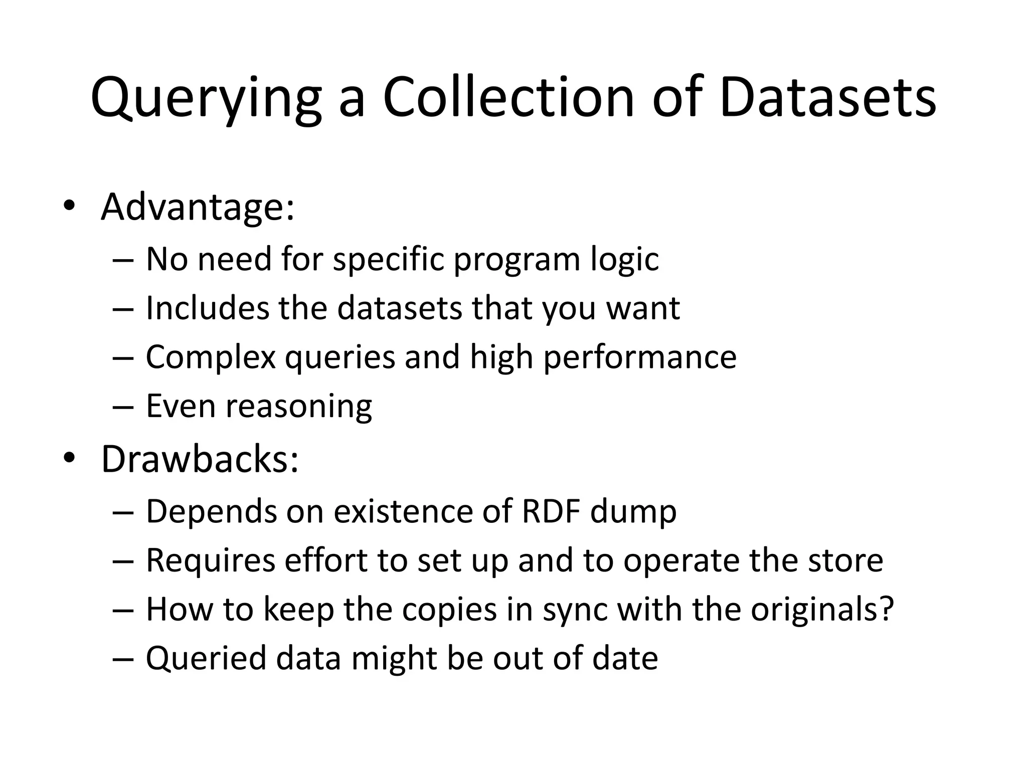 String s1 = "http://cb.semsol.org/sparql"; String s2 = "http://dbpedia.org/sparql";String qTmpl = "SELECT ?c WHERE{ <%s> rdfs:comment ?c }";String q1 = "SELECT ?s WHERE { ..."; QueryExecution e1 = QueryExecutionFactory.sparqlService(s1,q1); ResultSet results1 = e1.execSelect(); while ( results1.hasNext() ) {QuerySolution s1 = results.nextSolution(); 	String q2 = String.format( qTmpl, s1.getResource("s"),getURI() );QueryExecution e2= QueryExecutionFactory.sparqlService(s2,q2); ResultSet results2 = e2.execSelect(); 	while ( results2.hasNext() ) {		// ... 	}	e2.close();}e1.close();Find a list of companies Filtered by some criteria and return DbpediaURIs from them