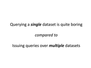 Accessing a SPARQL EndpointMore convenient: use a librarySPARQL JavaScript Libraryhttp://www.thefigtrees.net/lee/blog/2006/04 sparql_calendar_demo_a_sparql.htmlARC for PHPhttp://arc.semsol.org/RAP – RDF API for PHPhttp://www4.wiwiss.fu-berlin.de/bizer/rdfapi/index.html