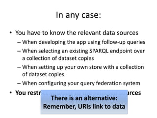 Federated Query ProcessingDARQ (Distributed ARQ)http://darq.sourceforge.net/Query engine for federated SPARQL queriesExtension of ARQ (query engine for Jena)Last update: June 2006Semantic Web Integrator and Query Engine(SemWIQ)http://semwiq.sourceforge.net/Last update: March 2010Commercial…