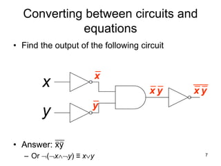 7
x
y
Converting between circuits and
equations
• Find the output of the following circuit
• Answer: xy
– Or (xy) ≡ xy
x
y
x y x y
_ _
___
 