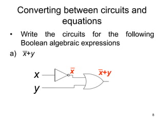 8
Converting between circuits and
equations
• Write the circuits for the following
Boolean algebraic expressions
a) x+y
x
y
x
y
x
y
__
x x+y
 