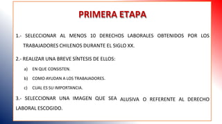 PRIMERA ETAPA
1.- SELECCIONAR AL MENOS 10 DERECHOS LABORALES OBTENIDOS POR LOS
TRABAJADORES CHILENOS DURANTE EL SIGLO XX.
ALUSIVA O REFERENTE AL DERECHO
2.- REALIZAR UNA BREVE SÍNTESIS DE ELLOS:
a) EN QUE CONSISTEN.
b) COMO AYUDAN A LOS TRABAJADORES.
c) CUAL ES SU IMPORTANCIA.
3.- SELECCIONAR UNA IMAGEN QUE SEA
LABORAL ESCOGIDO.
 