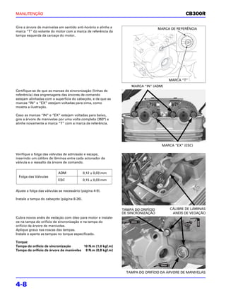 MANUTENÇÃO                                                                                        CB300R

Gire a árvore de manivelas em sentido anti-horário e alinhe a                       MARCA DE REFERÊNCIA
marca “T” do volante do motor com a marca de referência da
tampa esquerda da carcaça do motor.




                                                                                         MARCA “T”
                                                                    MARCA “IN” (ADM)
Certifique-se de que as marcas de sincronização (linhas de
referência) das engrenagens das árvores de comando
estejam alinhadas com a superfície do cabeçote, e de que as
marcas “IN” e “EX” estejam voltadas para cima, como
mostra a ilustração.

Caso as marcas “IN” e “EX” estejam voltadas para baixo,
gire a árvore de manivelas por uma volta completa (360°) e
alinhe novamente a marca “T” com a marca de referência.




                                                                                      MARCA “EX” (ESC)

Verifique a folga das válvulas de admissão e escape,
inserindo um cálibre de lâminas entre cada acionador de
válvula e o ressalto da árvore de comando.


                           ADM               0,12 ± 0,03 mm
 Folga das Válvulas
                           ESC               0,15 ± 0,03 mm


Ajuste a folga das válvulas se necessário (página 4-9).

Instale a tampa do cabeçote (página 8-26).


                                                                TAMPA DO ORIFÍCIO         CÁLIBRE DE LÂMINAS
                                                                DE SINCRONIZAÇÃO           ANÉIS DE VEDAÇÃO
Cubra novos anéis de vedação com óleo para motor e instale-
os na tampa do orifício de sincronização e na tampa do
orifício da árvore de manivelas.
Aplique graxa nas roscas das tampas.
Instale e aperte as tampas no torque especificado.

Torque:
Tampa do orifício de sincronização       10 N.m (1,0 kgf.m)
Tampa do orifício da árvore de manivelas 8 N.m (0,8 kgf.m)




                                                                  TAMPA DO ORIFÍCIO DA ÁRVORE DE MANIVELAS


4-8
 