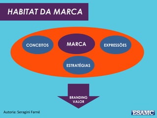 HABITAT DA MARCA
MARCACONCEITOS EXPRESSÕES
ESTRATÉGIAS
BRANDING
VALOR
Autoria: Seragini Farné
 