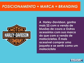 POSICIONAMENTO + MARCA = BRANDING
A Harley-Davidson, ganha
mais $$ com a venda de
blusões de couro e Outros
acessórios com sua marca
do que com a venda de
motocicletas. É mais
acessível comprar uma
jaqueta e se sentir como um
motociclista
 