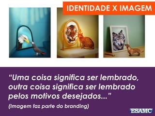 “Uma coisa significa ser lembrado,
outra coisa significa ser lembrado
pelos motivos desejados...”
(Imagem faz parte do branding)
IDENTIDADE X IMAGEM
 