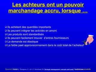 Les achteurs ont un pouvoir marchandage accru, lorsque … Ils achètent des quantités importants Ils peuvent intégrer les activités en amont Les produits sont standardisés Ils peuvent facilement trouver  d’entres fournisseurs La demande est élastique La faible paet approvisionnement dans le coût total de l’acheteur Arthur A. Thompson, Jr.  &   A. J. Strickland, III .  S trategic management:   concepts and cases ,   Tenth Edition 