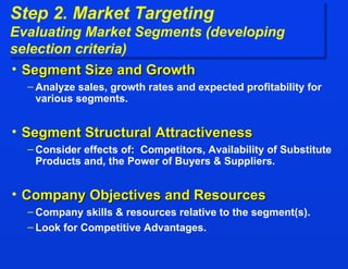 Step 2. Market Targeting Evaluating Market Segments (developing selection criteria) Segment Size and Growth Analyze sales, growth rates and expected profitability for various segments. Segment Structural Attractiveness Consider effects of:  Competitors, Availability of Substitute Products and, the Power of Buyers & Suppliers. Company Objectives and Resources Company skills & resources relative to the segment(s). Look for Competitive Advantages. 