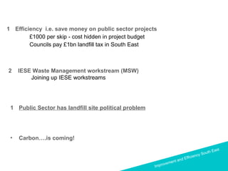 Efficiency  i.e. save money on public sector projects £1000 per skip - cost hidden in project budget Councils pay £1bn landfill tax in South East 2  IESE Waste Management workstream (MSW) Joining up IESE workstreams   Public Sector has landfill site political problem Carbon….is coming! 