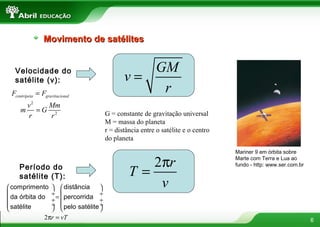 Movimento de satélites


   Velocidade do                                GM
   satélite (v):                             v=
 Fcentrípeta = Fgravitacional                    r
      v2 Mm
     m =G 2                           G = constante de gravitação universal
      r   r
                                      M = massa do planeta
                                      r = distância entre o satélite e o centro
                                      do planeta
                                                                                  Mariner 9 em órbita sobre

                                                  2πr                             Marte com Terra e Lua ao
                                                                                  fundo - http: www.ser.com.br
    Período do
    satélite (T):                              T=
 comprimento   distância                       v
               ÷                ÷
 da órbita do ÷ =  percorrida ÷
 satélite      ÷  pelo satélite ÷
                               
              2πr = vT                                                                                           6
 
