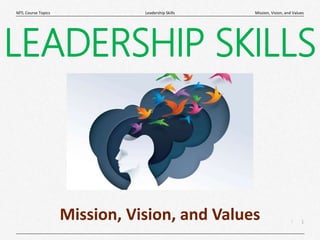 1
|
Mission, Vision, and Values
Leadership Skills
MTL Course Topics
LEADERSHIP SKILLS
Mission, Vision, and Values
 