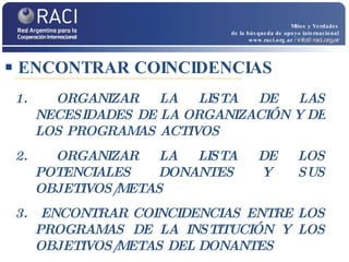 ENCONTRAR COINCIDENCIAS Mitos y Verdades de la búsqueda de apoyo internacional www.raci.org.ar   / info@raci.org.ar ORGANIZAR LA LISTA DE LAS NECESIDADES DE LA ORGANIZACIÓN Y DE LOS PROGRAMAS ACTIVOS ORGANIZAR LA LISTA DE LOS POTENCIALES DONANTES Y SUS OBJETIVOS/METAS ENCONTRAR COINCIDENCIAS ENTRE LOS PROGRAMAS DE LA INSTITUCIÓN Y LOS OBJETIVOS/METAS DEL DONANTES 
