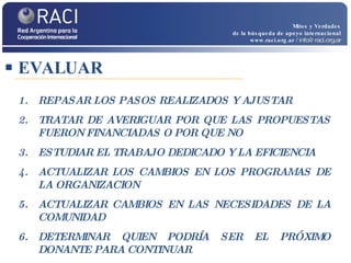 EVALUAR Mitos y Verdades de la búsqueda de apoyo internacional www.raci.org.ar   / info@raci.org.ar REPASAR LOS PASOS REALIZADOS Y AJUSTAR TRATAR DE AVERIGUAR POR QUE LAS PROPUESTAS FUERON FINANCIADAS O POR QUE NO ESTUDIAR EL TRABAJO DEDICADO Y LA EFICIENCIA ACTUALIZAR LOS CAMBIOS EN LOS PROGRAMAS DE LA ORGANIZACION ACTUALIZAR CAMBIOS EN LAS NECESIDADES DE LA COMUNIDAD DETERMINAR QUIEN PODRÍA SER EL PRÓXIMO DONANTE PARA CONTINUAR 