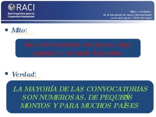 Mito :  Mitos y Verdades de la búsqueda de apoyo internacional www.raci.org.ar   / info@raci.org.ar Verdad :  Las convocatorias son pocas, muy grandes y no para Argentina LA MAYORÍA DE LAS CONVOCATORIAS SON NUMEROSAS, DE PEQUEÑOS MONTOS Y PARA MUCHOS PAÍSES  
