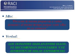 Mito :  Mitos y Verdades de la búsqueda de apoyo internacional www.raci.org.ar   / info@raci.org.ar Verdad :  “ Presento la misma propuesta a varios donantes al mismo tiempo porque entre ellos no se conocen” LOS DONANTES HABLAN ENTRE ELLOS, SE RECOMIENDAN DONATARIOS Y SE ADVIERTEN DE MALAS EXPERIENCIAS 