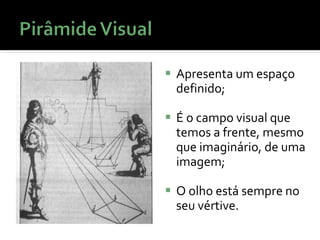 Apresenta um espaço definido; É o campo visual que temos a frente, mesmo que imaginário, de uma imagem; O olho está sempre no seu vértive. 