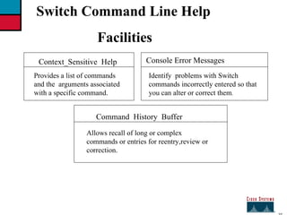 27 Switch Command Line Help  Facilities Context_Sensitive  Help Provides a list of commands and the  arguments associated with a specific command. Console Error Messages Identify  problems with Switch commands incorrectly entered so that you can alter or correct them . Command  History  Buffer Allows recall of long or complex commands or entries for reentry,review or correction. 