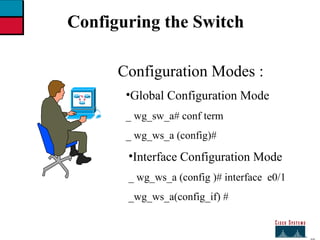 27 Configuring the Switch Configuration Modes : Global Configuration Mode _ wg_sw_a# conf term _ wg_ws_a (config)# Interface Configuration Mode  _ wg_ws_a (config )# interface  e0/1 _wg_ws_a(config_if) # 