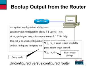27 ---- system  configuration  dialog ----- continue with configuration dialog ?  [ yes/no] : yes at  any point you may enter a question mark ‘ ?‘ for help. Use ctrl_c to abort configuration dialog at any prompt default setting are in square bra Wg_ ro_ c  con0 is now available  press return to get started. Wg_ ro_c> User - mode prompt Setup mode Bootup Output from the Router Unconfigured versus configured router Console 